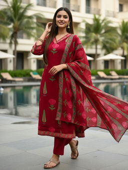 FASHOR - Maroon Floral Printed Kurta with Pant and Dupatta