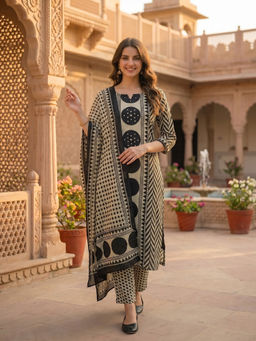 FASHOR - Black-Beige Printed Kurta with Pant and Dupatta
