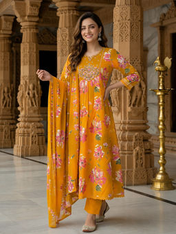 FASHOR - Mustard Floral Embroidered Anarkali Kurta with Pant and Dupatta