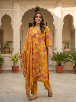 FASHOR - Mustard Floral Printed Kurta with Pant and Dupatta