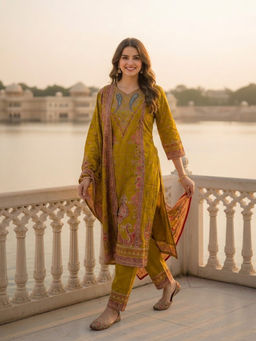 FASHOR - Olive Floral Printed Kurta with Pant and Dupatta