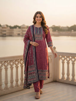 FASHOR - Mauve Floral Printed Kurta with Pant and Dupatta