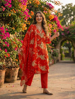 FASHOR - Orange Floral Printed Kurta with Pant and Dupatta