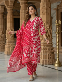 FASHOR - Red Floral Printed Kurta with Pant and Dupatta