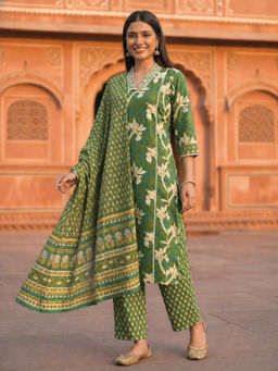 FASHOR - Green Floral Printed Kurta with Pant and Dupatta
