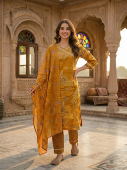 FASHOR - Mustard Printed Embroidered Kurta with Pant and Dupatta