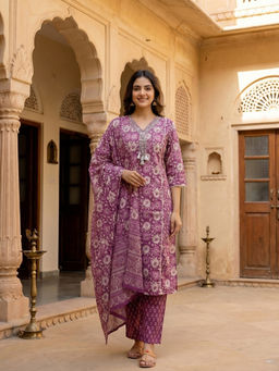 FASHOR - Purple Floral Printed Kurta with Pant and Dupatta