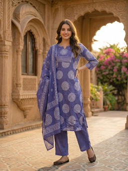 FASHOR - Purple Printed Embroidered Kurta with Pant and Dupatta