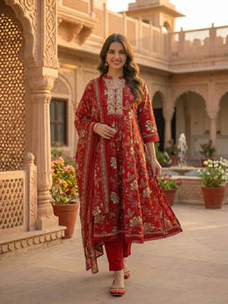 FASHOR - Rust Floral Printed Anarkali Kurta with Pant and Dupatta