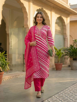 FASHOR - Pink Printed Leheriya Kurta with Pant and Dupatta