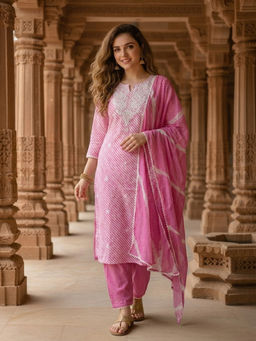 FASHOR - Pink Embroidered Leheriya Kurta with Pant and Dupatta