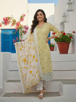 FASHOR - Yellow Floral Printed Kurta with Pant and Dupatta