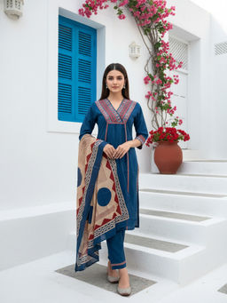 FASHOR - Navy Blue Geometric Printed Kurta with Pant and Dupatta