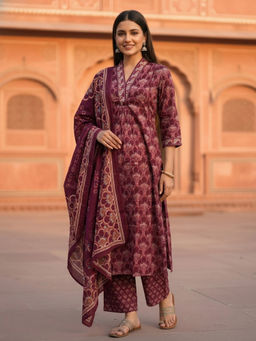 FASHOR - Maroon Printed Kurta with Pant and Dupatta