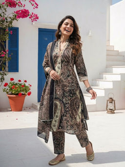 FASHOR - Black Paisley Printed Kurta with Pant and Dupatta