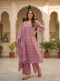 FASHOR - Mauve Printed Lace Work Kurta with Pant and Dupatta