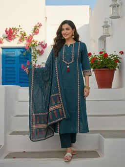 FASHOR - Teal Printed Tassels Kurta with Pant and Dupatta