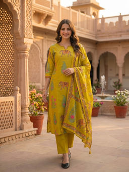 FASHOR - Yellow Floral Printed Kurta with Pant and Dupatta