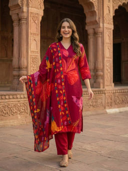 FASHOR - Maroon Floral Printed Kurta with Pant and Dupatta