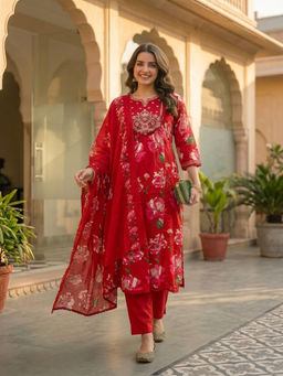 FASHOR - Red Floral Printed Kurta with Pant and Dupatta