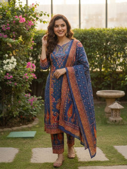FASHOR - Blue Floral Printed Kurta with Pant and Dupatta