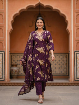 FASHOR - Purple Floral Printed Kurta with Pant and Dupatta