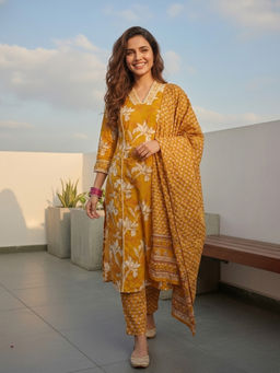 FASHOR - Mustard Floral Printed Kurta with Pant and Dupatta