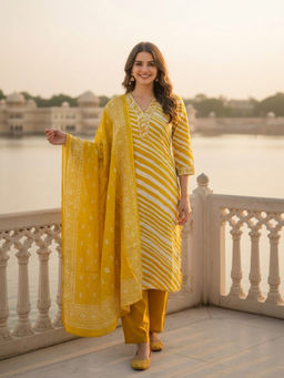 FASHOR - Yellow Printed Leheriya Kurta with Pant and Dupatta