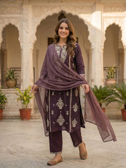 FASHOR - Purple Floral Embroidered Kurta with Pant and Dupatta