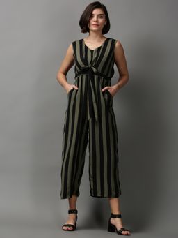 SHOWOFFFF - Womens V-neck Sleeveless Olive Striped Jumpsuit