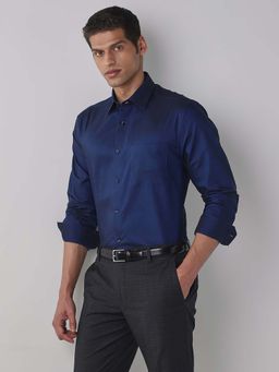 Reid & Taylor - Navy Blue Solid Collar Neck Full Sleeves Shirt for Men
