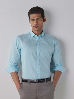 Reid & Taylor - Blue Solid Collar Neck Full Sleeves Shirt for Men