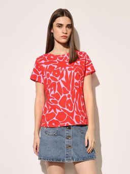 ONLY - Womens Abstract Print Regular Fit Red T-shirt