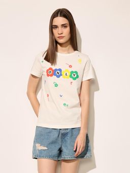 ONLY - Womens Typographic Regular Fit Off White T-shirt