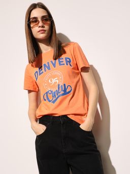 ONLY - Womens Typography Regular Fit Orange T-shirt