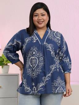 Extra love by Libas - Plus Size Blue Printed Cotton Straight Short Kurti