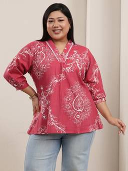 Extra love by Libas - Red Printed Cotton Straight Short Kurti