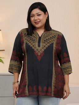 Extra love by Libas - Plus Size Black Ethnic Printed Silk Blend Straight Short Kurti