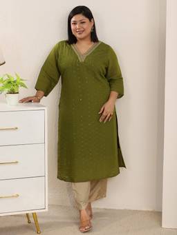 Extra love by Libas - Green Embellished Chanderi Cotton Straight Kurta