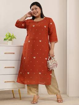 Extra love by Libas - Orange Embroidered Chanderi Cotton Straight Kurta