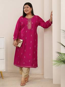 Extra love by Libas - Plus Size Rani Pink Ethnic Embroidered Straight Kurta Set