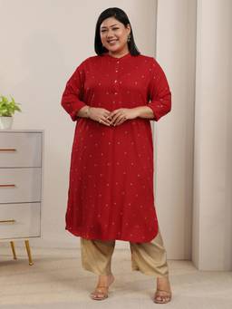 Extra love by Libas - Plus Size Red Woven Design Rayon Straight Kurta