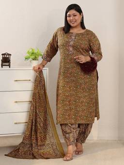 Extra love by Libas - Mustard Floral Printed Cotton Kurta With A Printed Salwar and Dupatta