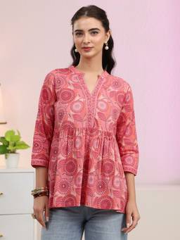 Libas - Peach Floral Printed A-Line Pleated Kurti