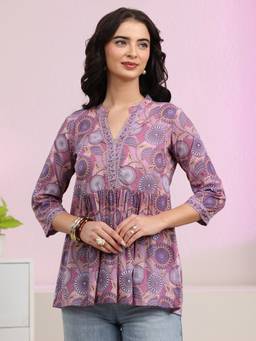 Libas - Purple Floral Printed A-Line Pleated Kurti