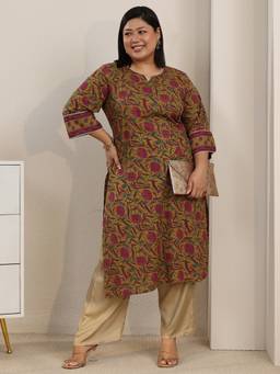 Extra love by Libas - Plus Size Mustard Floral Printed Straight Kurta