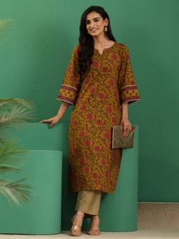 Libas - Mustard Floral Printed Straight Kurta