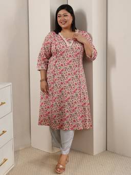 Extra love by Libas - Plus Size Beige Floral Printed Panelled A-Line Kurta