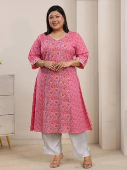 Extra love by Libas - Plus Size Pink Floral Printed Panelled A-Line Kurta