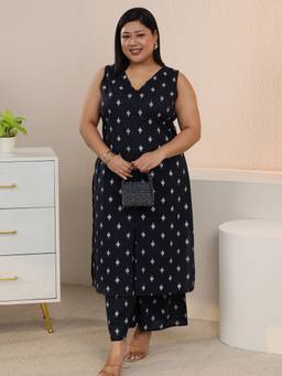 Extra love by Libas - Navy Blue Ethnic Motif Printed Straight Sleeveless Kurta With Palazzo